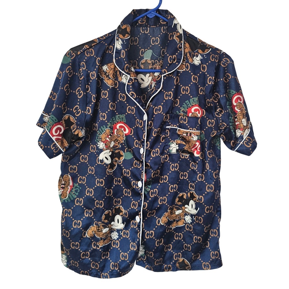 Unbranded Mickey Mouse Monogram Navy Blue Satin Pajama Top Short Sleeve XL‎